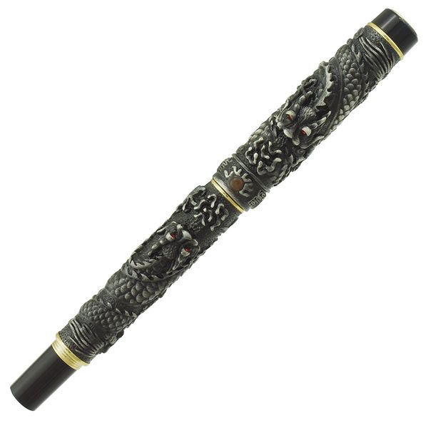 

jinhao gray vintage luxurious fountain pen small double dragon playing pearl, metal carving embossing heavy collection pen