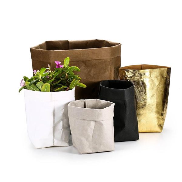 Sacchetto di carta Kraft lavabile da giardinaggio Vaso da fiori per piante Borsa per coltivazione di ortaggi Cesto Contenitore multifunzione per la casa 10x10x20 cm Oro Argento
