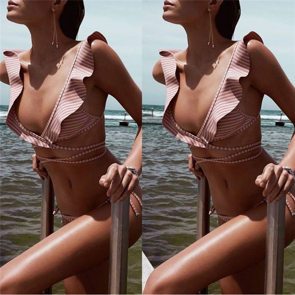 

bikini set summer swimwear biquini women beach swimsuit bathing suit push up striped ruffles strap wrap string bikini 2018 wholesale, White;black