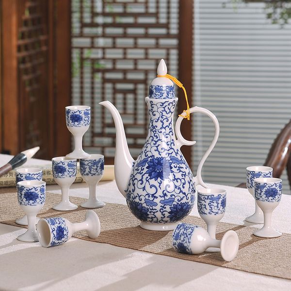 

11pcs/lot jingdezhen blue and white porcelain vintage wine ware set drinkware liqueur cup sake pot kettle teacup goblet gift box