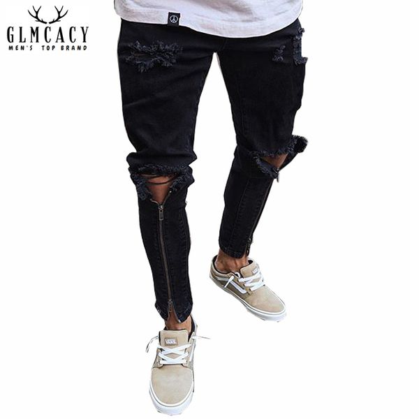 

men's stretchy ripped skinny biker jeans taped slim fit denim pants, Blue