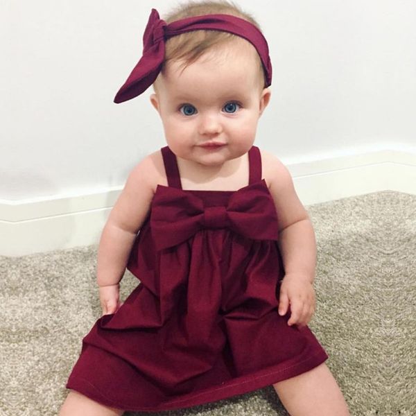 2018 Yaz Kız Elbise Bebek Giysileri Toddler Kız Giyim Çocuklar Sundress Ilmek Askı Bebek için Kırmızı Kolsuz Yelek Elbise Kıyafet 0-3Y