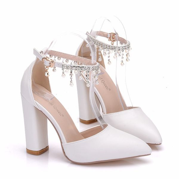 

new fashionl handmade pointed toe beading pearls shoes for women heels fashion wedding shoes chunky heel shoes plus size bridal heels, Black
