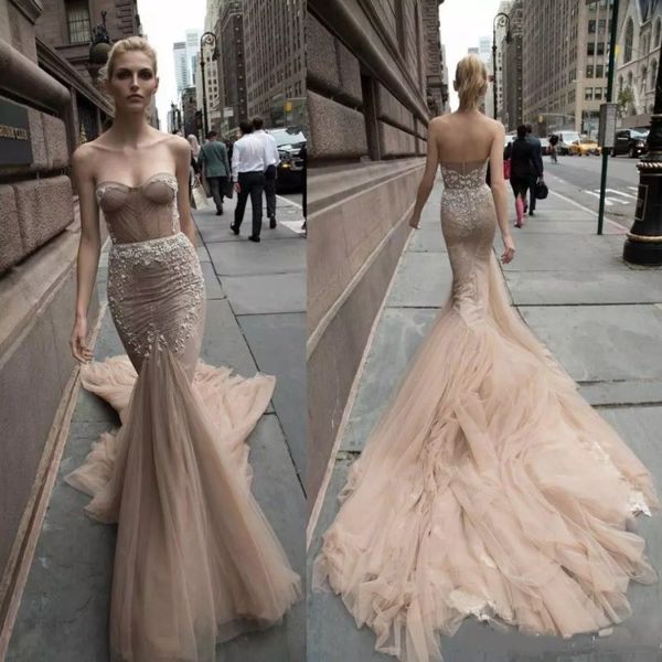 

chic beads applique mermaid wedding dresses champagne backless sweetheart neck bridal gowns beach sweep train vintage corset wedding dress, White