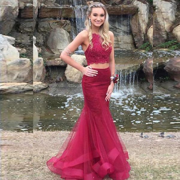 

2019 burgundy prom dresses two pieces halter crop beaded lace ruffles tulle skirt mermaid evening party gowns floor length, Black