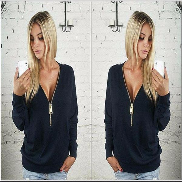 

Pullovers Spring Women Long -Sleeved Pullovers Hoodies Deep V Neck Crop Top Hoodies Women Zipper Hoodies Sweatshirt Sexy Blouses Coat