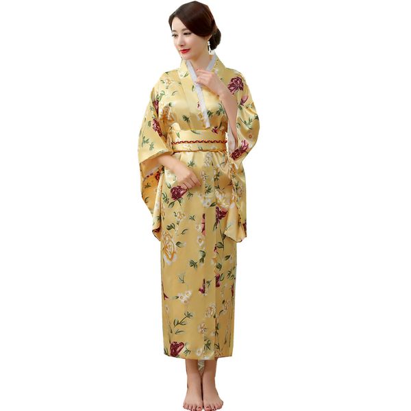 

japanese traditional women silk rayon kimono vintage yukata with obi performance dance dress halloween costume  hl04, Red