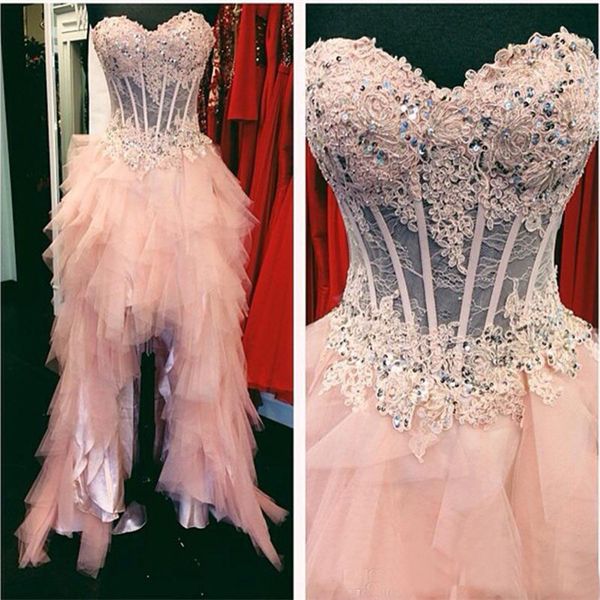 

pink lace high low prom dresses real ps sweetheart corset short front long back formal pageant gowns custom made new evening party, Black