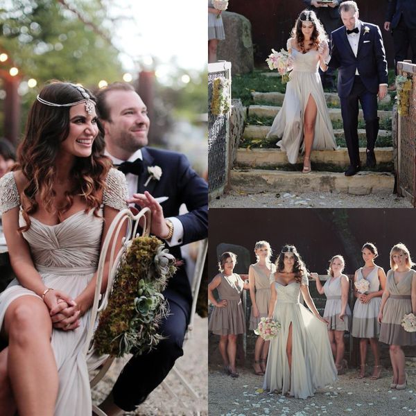 

серебряный пляж свадебные платья бисером cap рукавом милая полная длина шифон деревенский страна свадебные платья с высоким разрезом металли, White