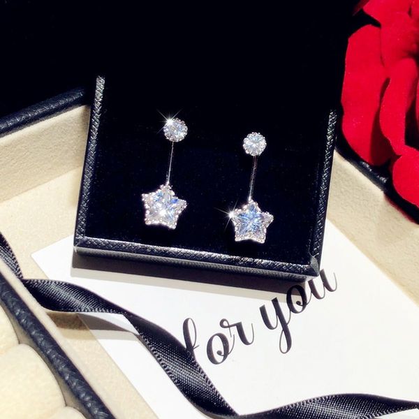 

stud earrings solid 925 silver needles star simple cubic zirconia fine jewelry temperament rear hanging short paragraph brincos, Golden;silver