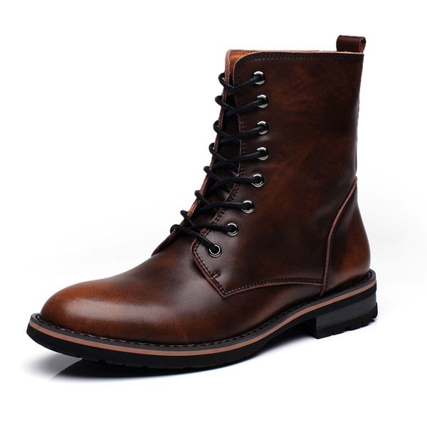 

leather ankle boots super warm snow boots winter shoes with fur men british style lace-up outdoor leisure boots men, Black