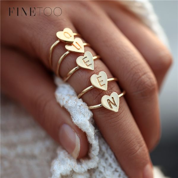

hand stamped stacking a-z letter rings for women bohemian engraved personalized initial ring gold color heart rings, Golden;silver