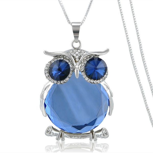 

female crystal blue glass owl pendant necklaces silver plated chain animal long sweater necklace jewelry for women