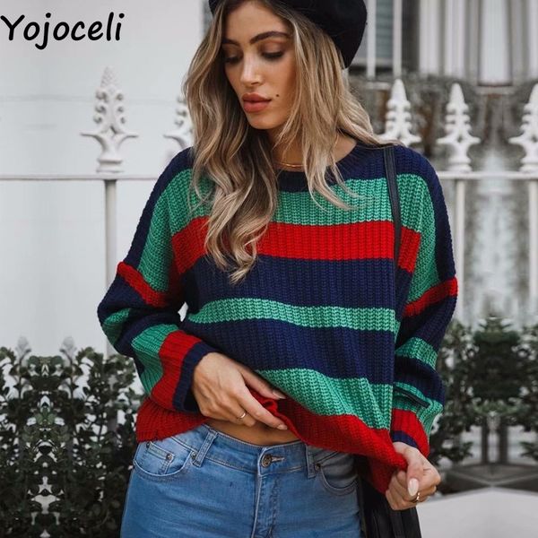 

yojoceli 2018 autumn winter striped knitted sweater women casual loose o neck warm pull femme short pullover female jumper, White;black