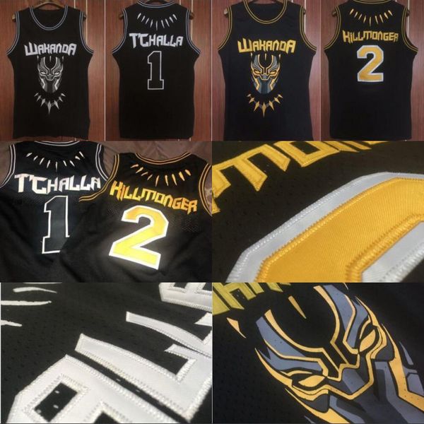 

Mens Black Panther Wakanda Movie Jersey #1 T'Challa #2 Killmonger 100% Stitched Movie Basketball Jerseys Fast Shipping S-XXXL