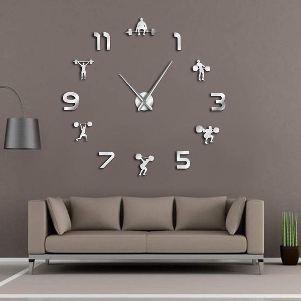 

weightlifting fitness room wall decor diy giant wall clock mirror effect powerlifting frameless large clock gym watch