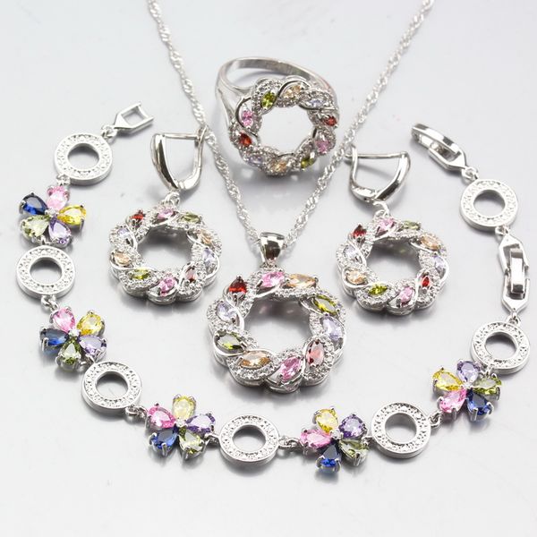 

manny trinket unique 925 sterling silver multicolor zircon jewelry sets for women ring size 6# 7# 8# 9# 10#, Slivery;golden