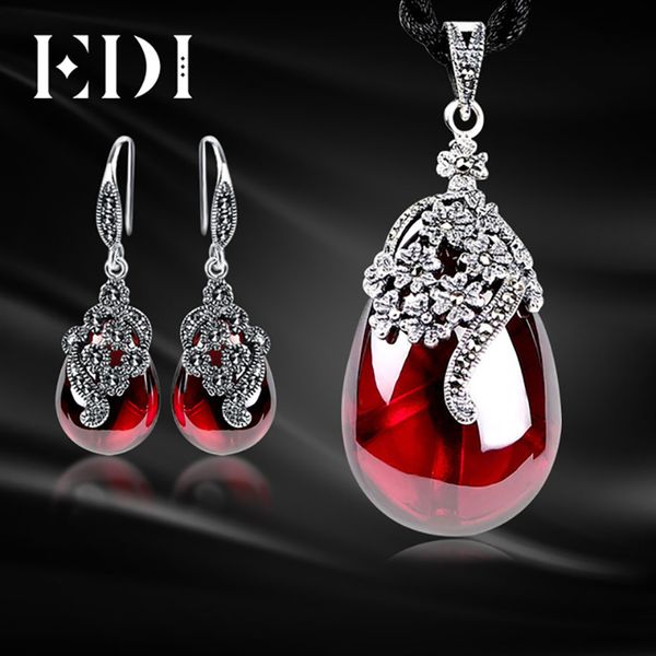 

edi women vintage garnet 925 sterling silver drop earrings gemstone pendant necklace for women wedding decoration jewelry sets, Black