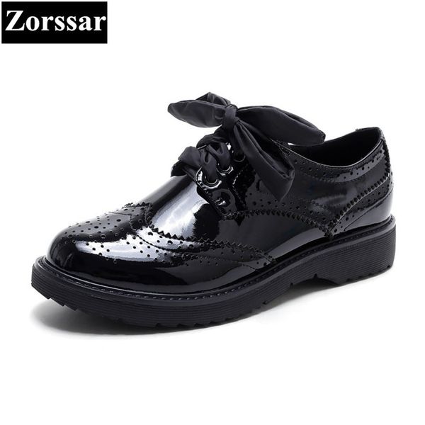 

patent leather flats oxford shoes women vintage brogue shoes 2017 fashion british style womens flat leather, Black