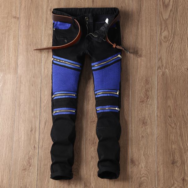

2018 new arrival nostalgic zipper patchwork jeans men spliced designer fashion slim fit casual jeans black, Blue