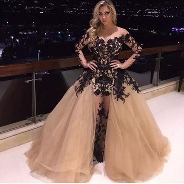 

старинные платья выпускного вечера шампанское тюль черное кружево аппликации с плеча с длинным рукавом платье выпускного вечера вечернее пла, Black