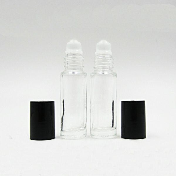 5 ml 5 g transparente Roll-on-Flasche für ätherisches Öl mit Glasroller-Kugel, schwarzer Kappe, Duft-Parfüm-Roll-on-Flasche