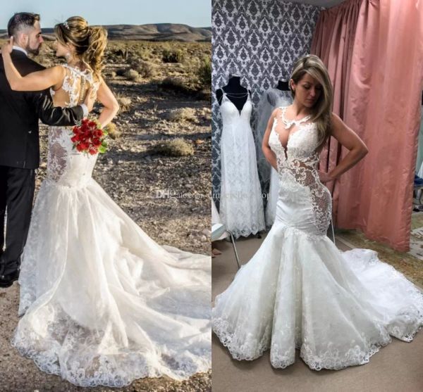 

русалка полный кружева свадебные платья 2019 драгоценный камень шеи иллюзия лиф свадебные платья развертки поезд свадебное платье индивидуал, White
