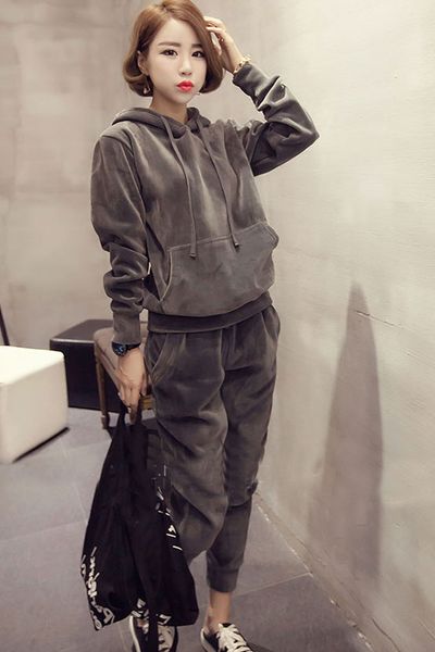 

regular fall 2 piece sets women sporting suit casual loose hooded female tracksuit gold velvet pants sets plus size 3xl female, Gray
