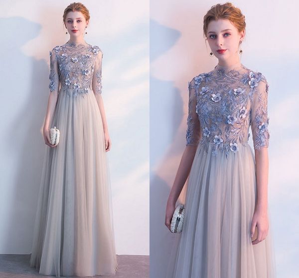 

2018 vestidos de festa fashion silver high neck embroidery tulle long prom dresses evening party gowns backless appliques formal dress, Black