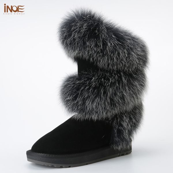 

new style fashion real fox fur women high winter flats snow boots cow suede leather winter shoes black grey high quality