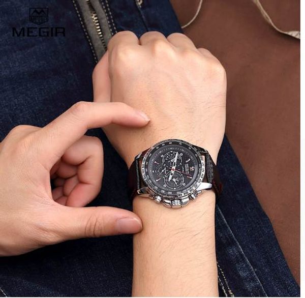 

megir for black quartz wristwatch watches leather for man's fashion casual men watch 1010 male waterproof gkqmv, Slivery;brown