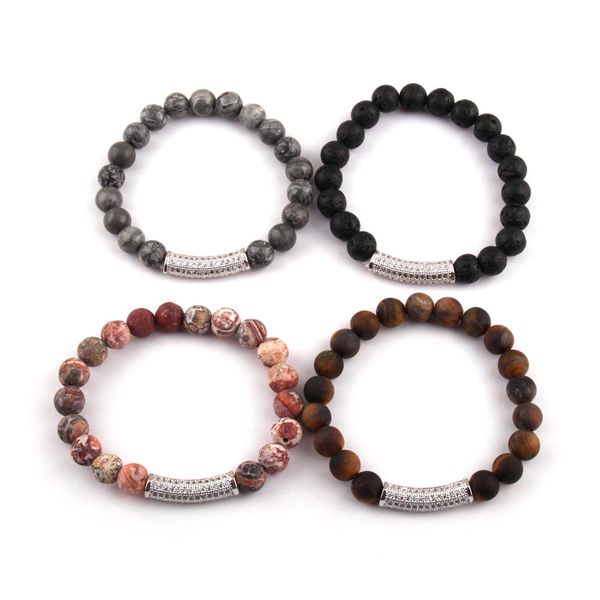 

new design fashion beautiful 8mm natural stone bead cz pave bar bracelet, Black