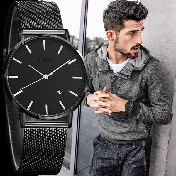 

binzi brand watches men quartz fashion watch watchcase ultra thin business watch stainless steel mesh belt relogio masculino, Slivery;brown