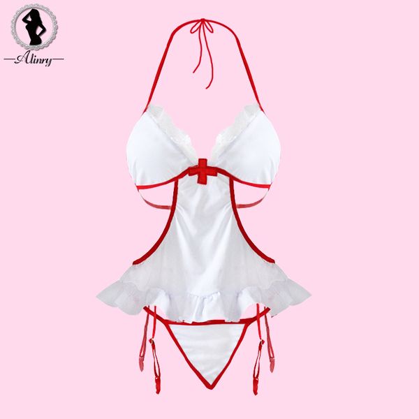 

alinry new lingerie women white lace nurse cosplay babydoll erotic underwear ruffle nightdress+thongs+hat costumes s918, Red;black