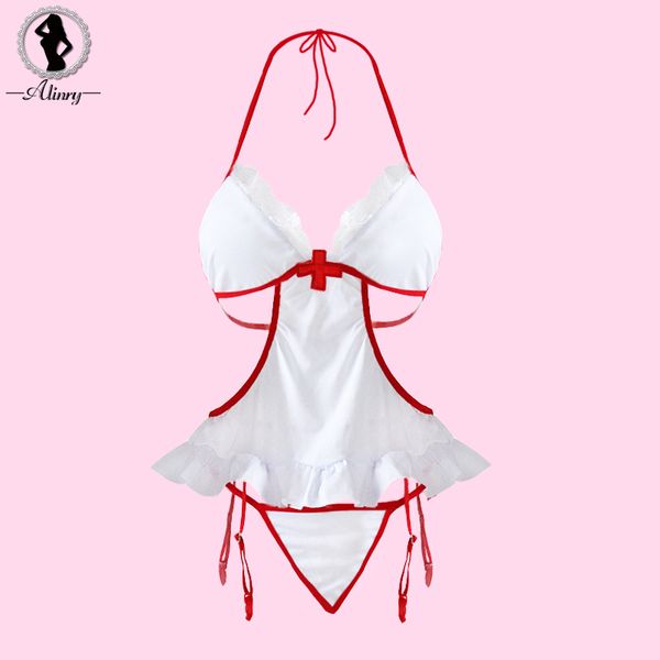 ALINRY nova lingerie sexy mulheres quentes enfermeira rendas branco cosplay babydoll erótico underwear ruffle camisola + tangas + chapéu sexy trajes S918