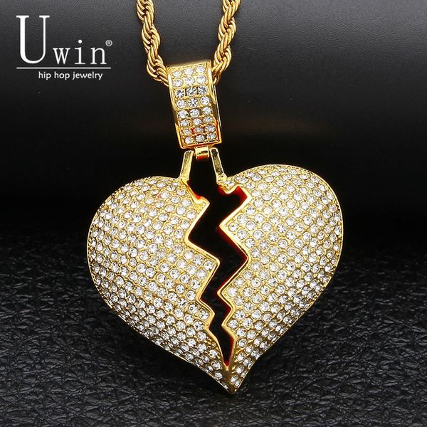 

uwin broke heart pendant rhinestone full bling iced out hip hop necklace tennis chain men's hiphop jewelry, Silver