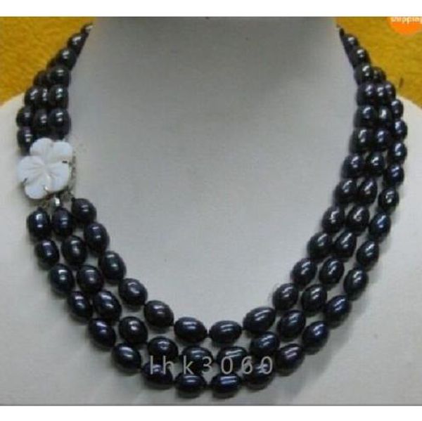 

3 rows 10-12 south sea black natural pearl necklace 17" 18" 19" beautiful clasp, Silver