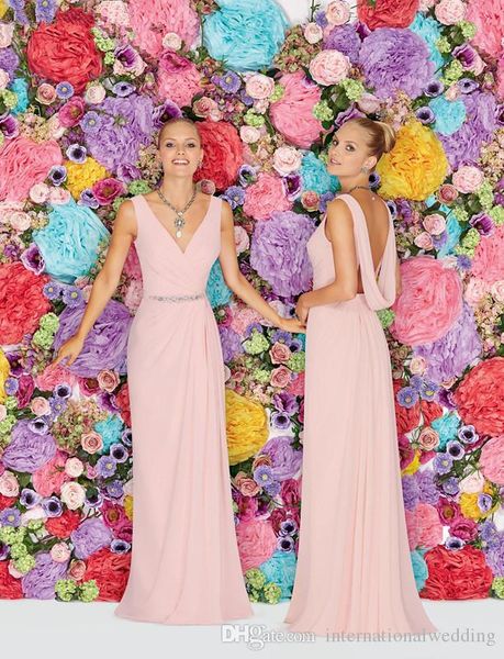 

2019 Newest Sheath Bridesmaid Dresses Ronald Joyce Floor Length Pink Chiffon Backless Sleeveless Crystal Sash Ruched Prom Dresses