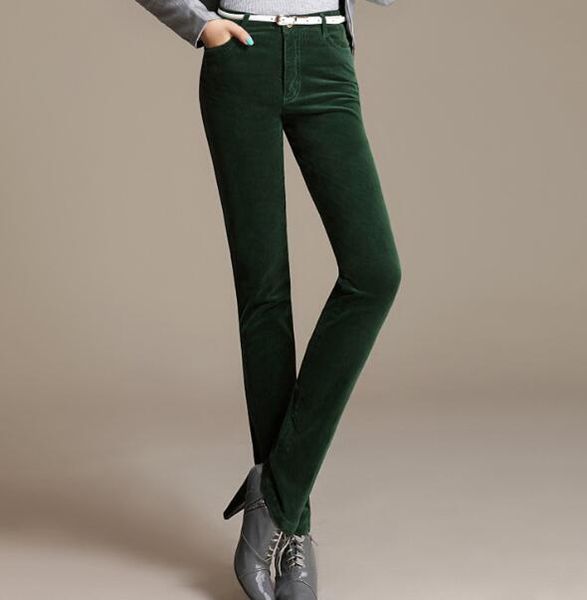 

corduroy straight pants for women plus size high waist 6 solid colour black blue red green fleece winter casual trousers gls0702, Black;white