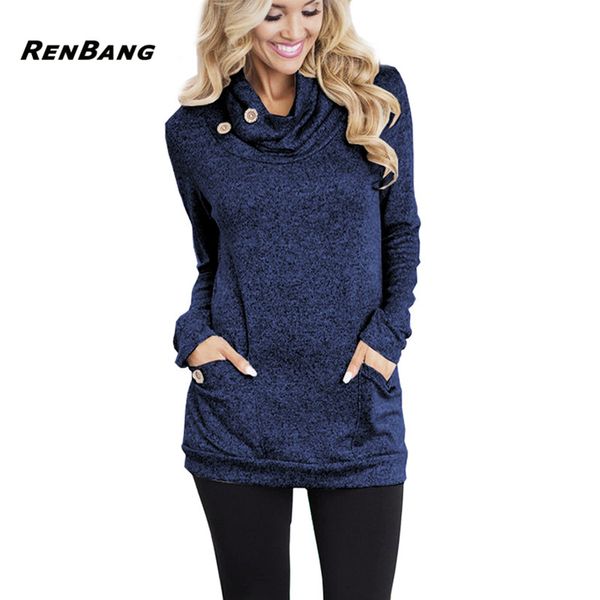 

renbang spring women hoodies female warm hooded sweatshirt long sleeve pockets casual loose pullovers 2018, Black