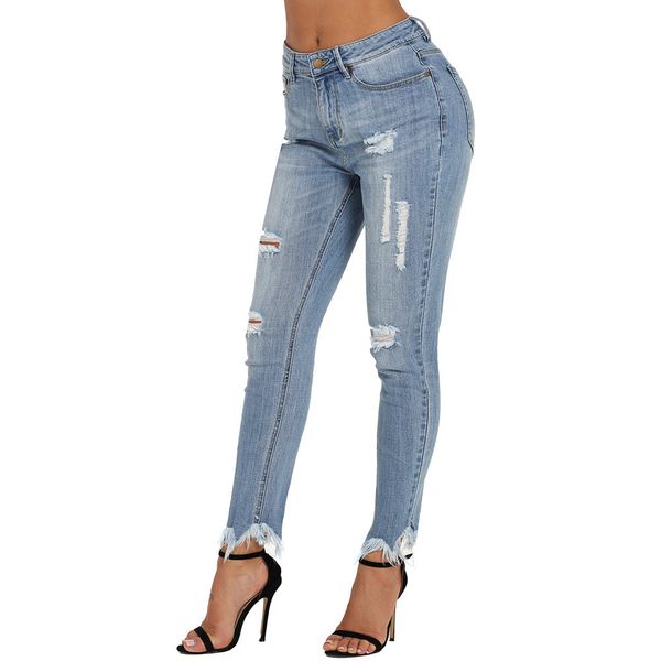 

2018 new women high waist casual denim cotton button ripped zipper skinny blue pencil long jeans s-xxl