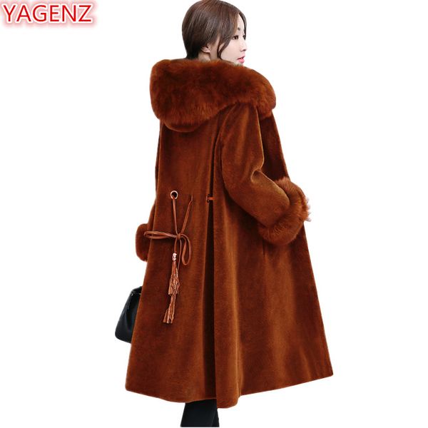 

yagenz new product women faux fur coat winter jacket women young lady fur collar hooded woolen coat long section 697, Black