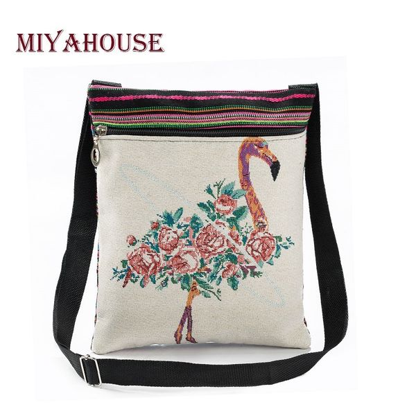

miyahouse embroidery design floral and flamingo printed messenger bag women small canvas falp bag female crossbody