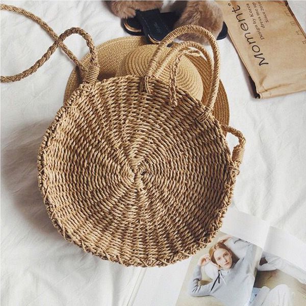 

fashion summer beach bags handmade rattan woven round women handbag vintage straw shoulder messenger bag lady casual tote