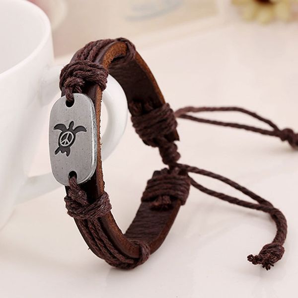 

retro style handmade rope woven brown leather adjustable turtles charm bracelets for women men party jewelry, Golden;silver