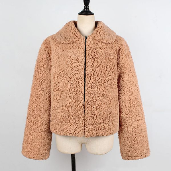 

plus size faux fur teddy coat short outerwear women autumn winter warm soft fleece jacket thick plush zipper pockets overcoat, Black