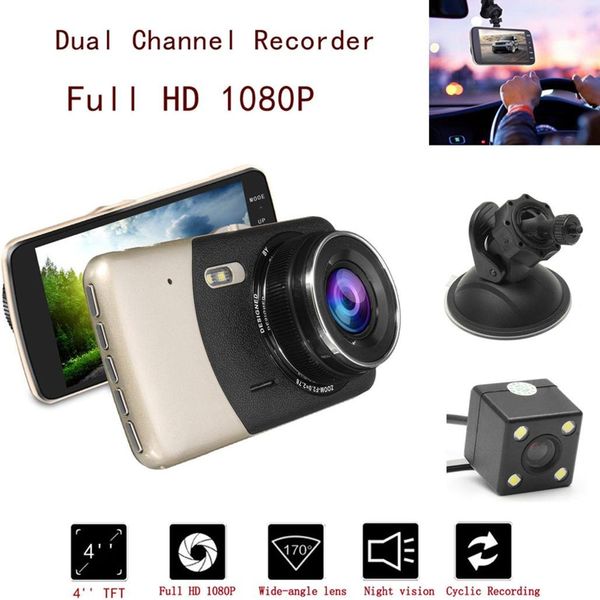 

new arrival dual camera lens car dvr 4.0 inch ips screen fhd 1080p 170+120 degree car dash cam support max 32gb tf card