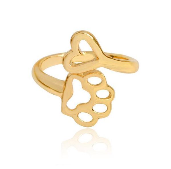 Moda argento placcato oro cane zampa stampa cuore amore fascino anello aperto regolabile gioielli cane animale per le donne