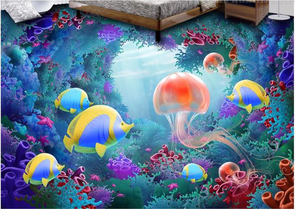 

3d pvc flooring custom p waterproof floor wall sticker dream underwater world jellyfish 3d floor painting space wallpaper