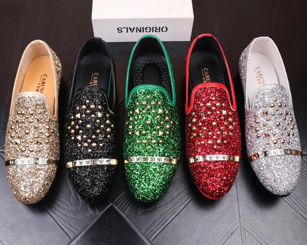 

Men Brand Designer Shoes Glittering sequins Rivet Spike Loafer shoe For Male dress wedding shoes Sapato Social Masculino 6.5-9.5h534